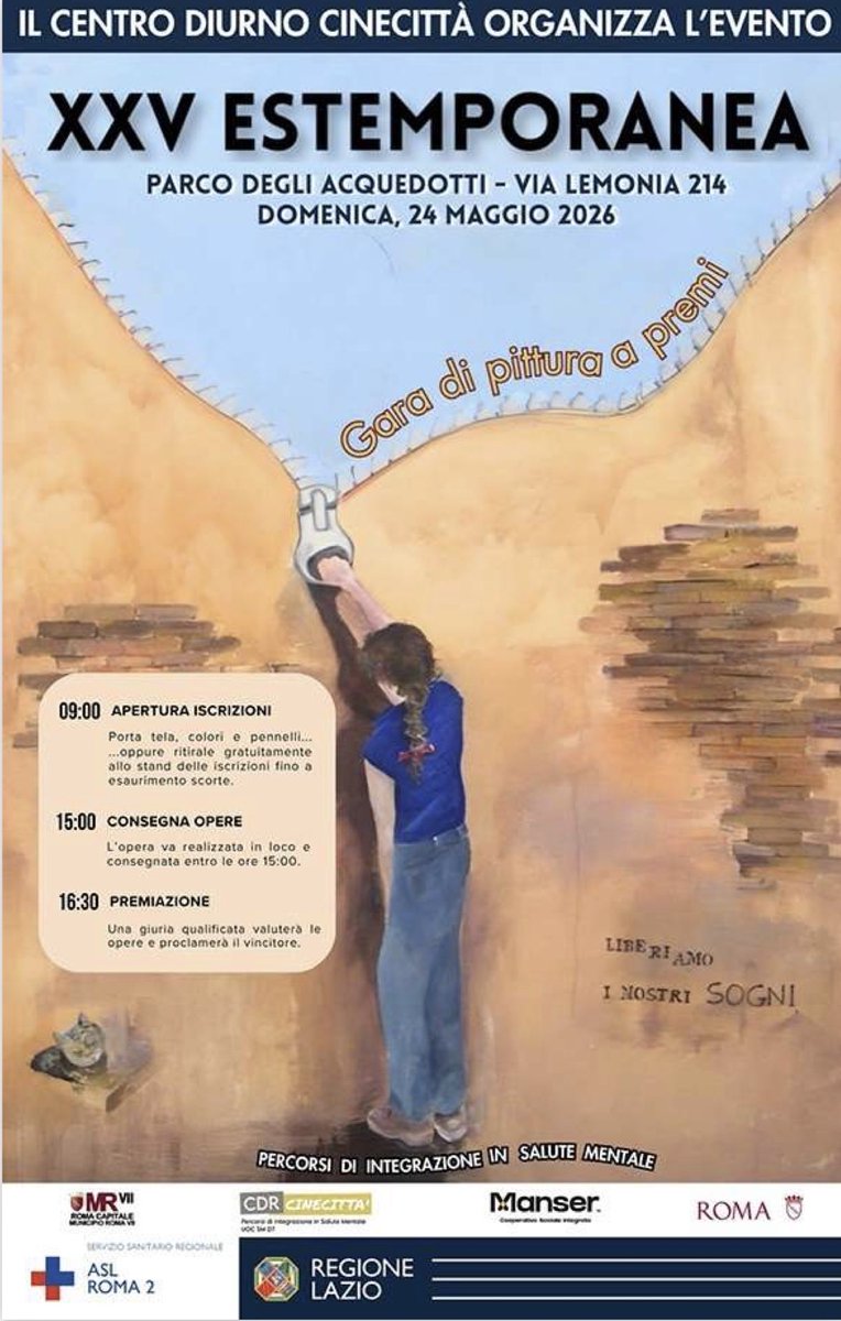 Massimo_Cozza's tweet photo. In programma domenica 24 maggio, al Parco degli Acquedotti a Roma, la XXV Estemporanea di pittura aperta a tutti, bambini e adulti, nell’ambito dei percorsi di integrazione in #salutementale del Centro Diurno Cinecittà.
Liberiamo i nostri sogni ! 
@ASLRM2 @Roma https://t.co/9NGEdAlns6