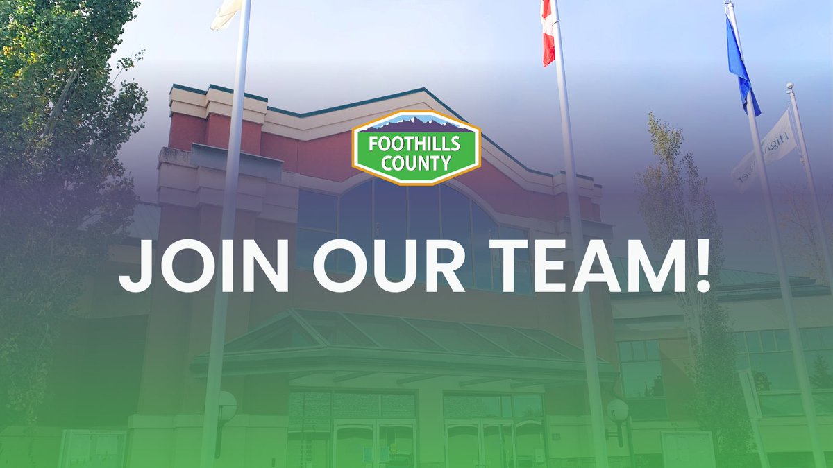 We are hiring!
• Agricultural Services Coordinator - Permanent, Full-Time
• Battalion Chief - Permanent, Full-Time
• Senior Accountant - Permanent, Full-Time
• Recreation Facility Operator - Permanent, Full-Time
foothillscountyab.ca/careers