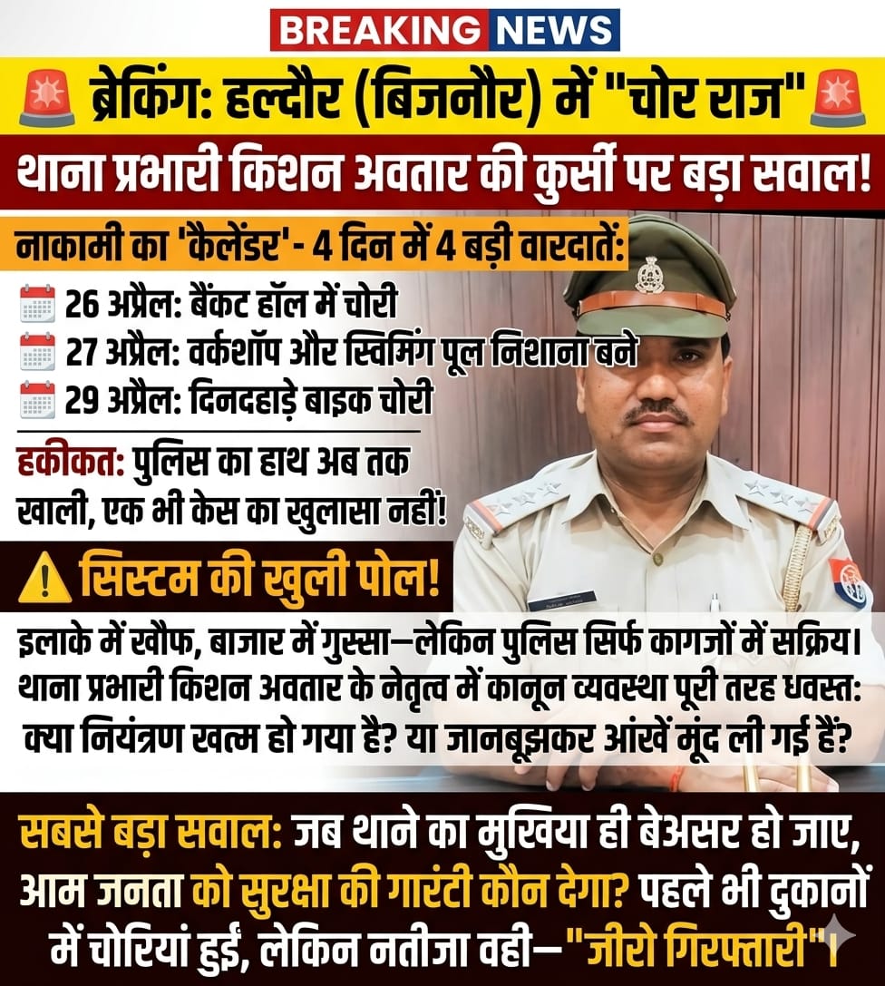 ब्रेकिंग: हल्दौर में कानून नहीं, चोर राज का शासन!
4 दिन 4 बड़ी वारदातें!
बैंक्वेट हॉल लुटा, वर्कशॉप साफ, बाइकें गायब—और पुलिस? मौन दर्शक!
अगर कानून का राज होता, तो अपराधी सलाखों के पीछे होते
लेकिन यहां तो लगता है कानून खुद गवाही देने को तैयार नहीं!
थाना प्रभारी किशन अवतार जवाब