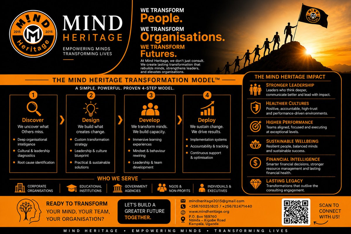 mindheritageug's tweet photo. Most organisations do not struggle because people lack qualifications.
They struggle because leadership, culture, communication, mindset, and emotional intelligence are misaligned.
At Mind Heritage, we help organisations and individuals transform from the inside out through leadership development, culture transformation, mental wellness, personal effectiveness, and financial intelligence.
Because sustainable success begins with transformed minds.