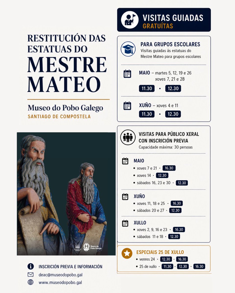 🏛️ O <a href="/PazodeRaxoi/">Concello de Santiago</a> e o Museo do Pobo Galego amplían até o 26 de xullo a exposicion das estatuas do Mestre Mateo e inician un programa de visitas guiadas. 

📅 Maio–xullo
👥 Para escolares e público xeral

ℹ️ museodopobo.gal/gl/nova/exposi…