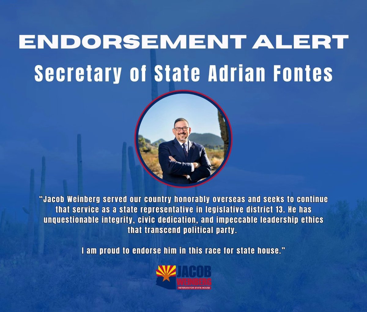 electweinberg's tweet photo. Honored to announce @Adrian_Fontes  endorsement of my campaign!! Adrian has been a great leader for Arizona, standing up for voters and protecting our democracy. Thank you Adrian for all your support!
Help us build the campaign that flips the state legislature in November!! https://t.co/o8hHKBoKJo