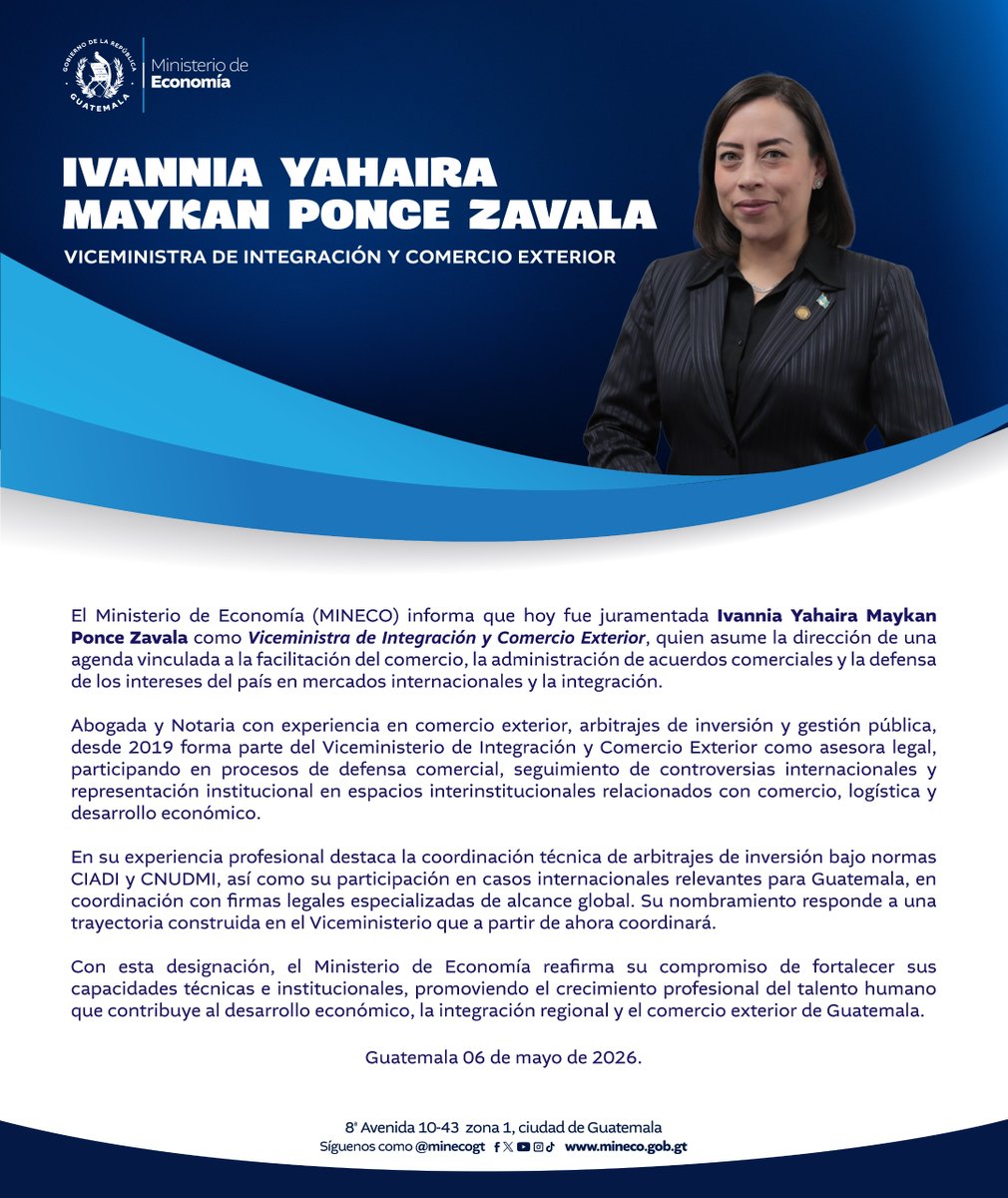 MINECOGT's tweet photo. El Ministerio de Economía anuncia el nombramiento de la  Viceministra de Integración y Comercio Exterior https://t.co/AeUHax70Qr