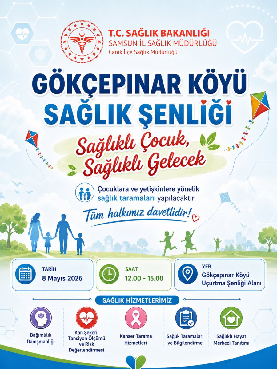canikism's tweet photo. Gökçepınar Köyü Sağlık Şenliği’nde buluşuyoruz! 🌿

Çocuklarımıza ve yetişkinlerimize yönelik sağlık taramaları, bilgilendirme ve danışmanlık hizmetleri sunacağız.

📅 8 Mayıs 2026
⏰ 12.00 – 15.00
📍 Gökçepınar Köyü Uçurtma Şenliği Alanı

Tüm halkımız davetlidir. 💙 https://t.co/Nj2skQ8H1H
