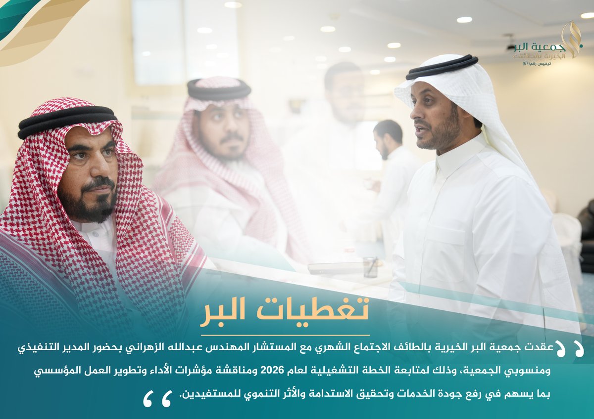 TaifAlber's tweet photo. عقدت جمعية البر الخيرية بالطائف اجتماعها الشهري مع المستشار المهندس عبدالله الزهراني، بحضور المدير التنفيذي ومنسوبي الجمعية، لمتابعة الخطة التشغيلية لعام 2026 ومؤشرات الأداء، حيث ثمّن المستشار جهود الجمعية ومنجزاتها خلال شهر أبريل.
#بر_الطائف https://t.co/HRi4qVIDPo