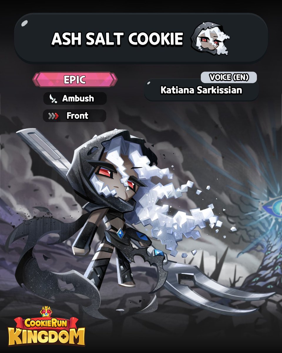 CRKingdomEN's tweet photo. This Cookie is seasoned to perfection! 🧂 Introducing @heyitskatiana as the voice of #AshSaltCookie! 🍴🩶

#CookieRun #CookieRunKingdom https://t.co/fpBSAfab92