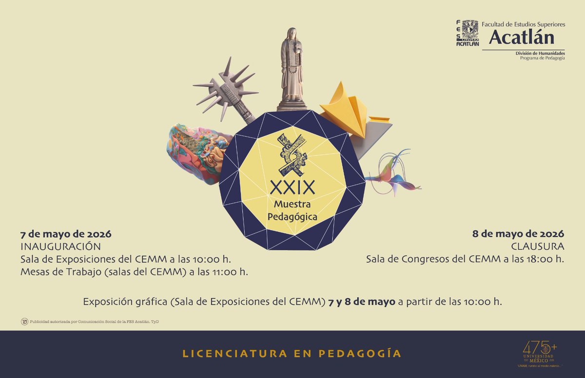 FES_ACATLAN's tweet image. 📌 Pedagogas y Pedagogos de #Acatlán, el próximo 7 y 8 de mayo se llevará a cabo en la Faculta la XXVIII Muestra Pedagógica, organizada por el profesorado y estudiantado de la licenciatura en Pedagogía. ¡Asiste y participa junto a tus colegas! #ACÁnosVemos
Checa el programa #ACÁ