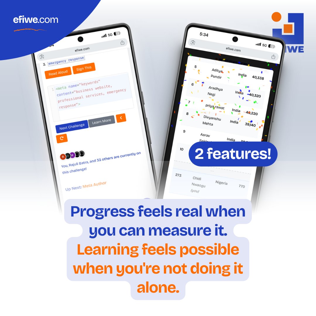 WithEfiwe's tweet photo. Two new features built around one insight: people quit when they feel invisible.

✅See your rank on the leaderboard, even if you're not in the top 10
✅ See who else is on the same challenge as you, right now

Progress feels real when you can measure it.

https://t.co/3V9QXbfrbD https://t.co/oWCJcYpraI