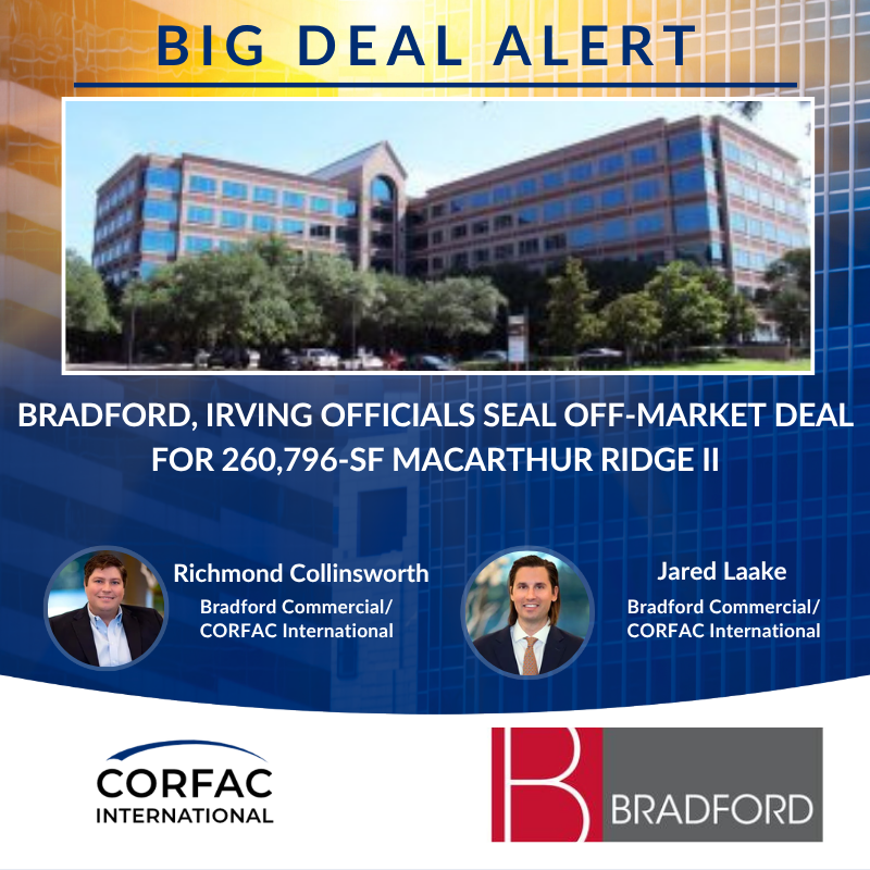 CORFACIntl's tweet photo. Congrats to Bradford/CORFAC International on the off-market sale of a 260,796 SF office building now set to become a public safety hub for the City of Irving 👏
👉 https://t.co/Z9LMXcV3Sz

@bradfordCRE https://t.co/UYdC42CNRW