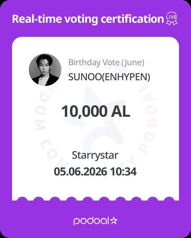 STARLIGHTVOTES's tweet photo. 🏆  PODOAL GIVEAWAY WINNER  🏆

Dropped 10,000 als to #SUNOO of #ENHYPEN for (JUNE) Birthday Vote for winning the poll.

Congratulations and thank you for participating! 😊
#STARLIGHTVOTES https://t.co/Zi6Z8FYMEM