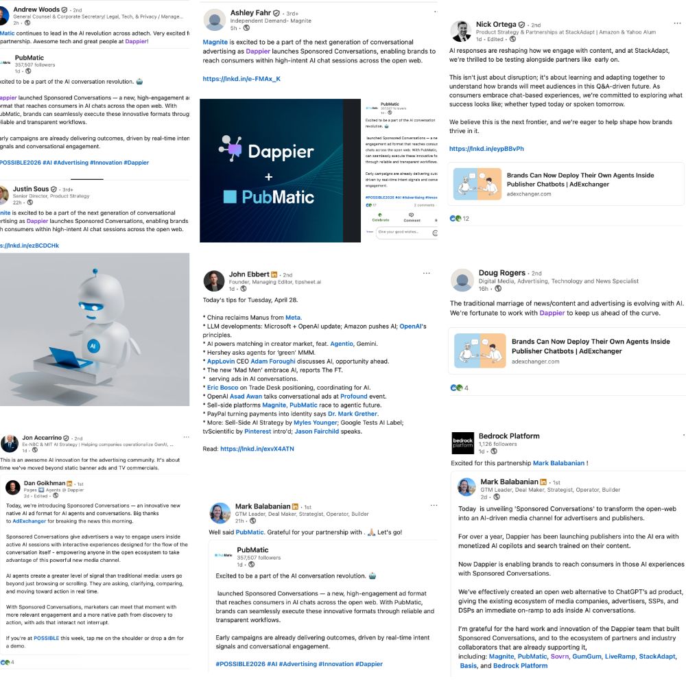 DappierAI's tweet photo. Check out the response to Sponsored Conversations, our new ad format for AI agents after the news dropped in AdExchanger

Thanks to partners like StackAdapt, Basis, Bedrock Platform, Dianomi, Magnite, PubMatic, Sovrn, GumGum &amp; LiveRamp! https://t.co/3C1gkohpcq