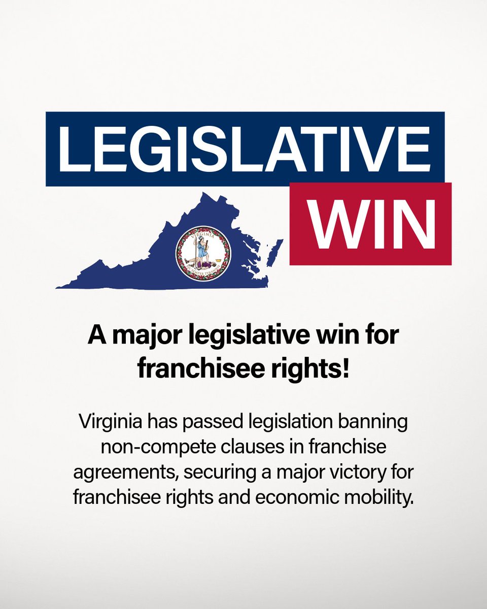 AAFD_'s tweet photo. A major legislative win for franchisee rights!
On April 13, 2026, Virginia Governor Abigail Spanberger @GovernorVA  signed legislation (HB 69 & SB 240) amending the state's Retail Franchising Act.
Key changes effective July 1, 2026:
✅Prohibits post-termination noncompete clauses.
✅Requires VA franchise agreements to be governed by Virginia law. -- This ensures a more equitable business environment by protecting your right (Franchisee in Virginia) to work and leveling the playing field during contract renewals. The AAFD, alongside the @cfainc , proudly advocated for these vital protections. We remain united for #franchisee rights. @FranchiseeAdvoc 👏👏