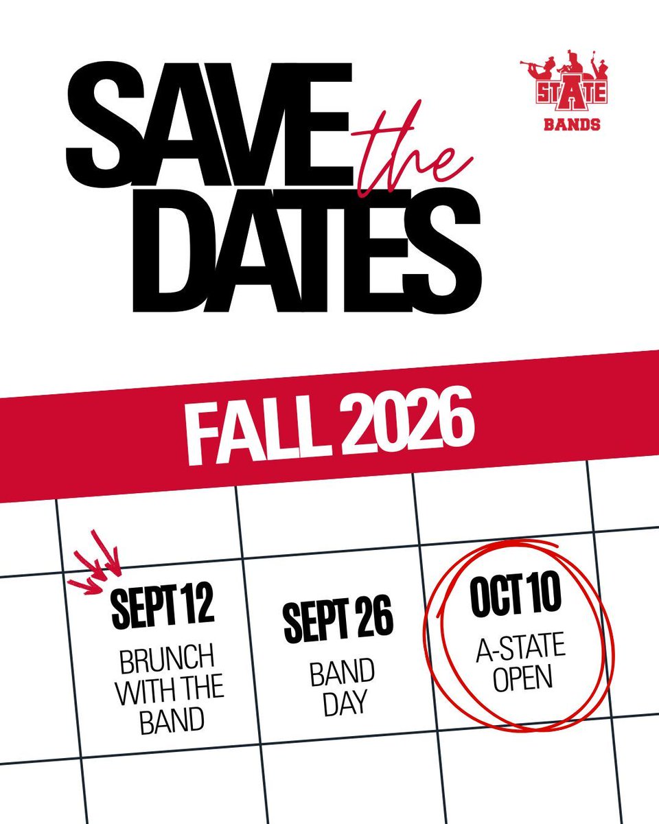 AStateBands's tweet photo. Mark your calendars! 

🍽️Sept 12 - Brunch with the Band 
🎺Sept 26 - Band Day 
🏆Oct 10 - A-State Open 

More information about Brunch with the Band coming this summer. For more about Band Day and A-State Open, visit https://t.co/bXn6dRGWFZ https://t.co/mqXSDCWCWM