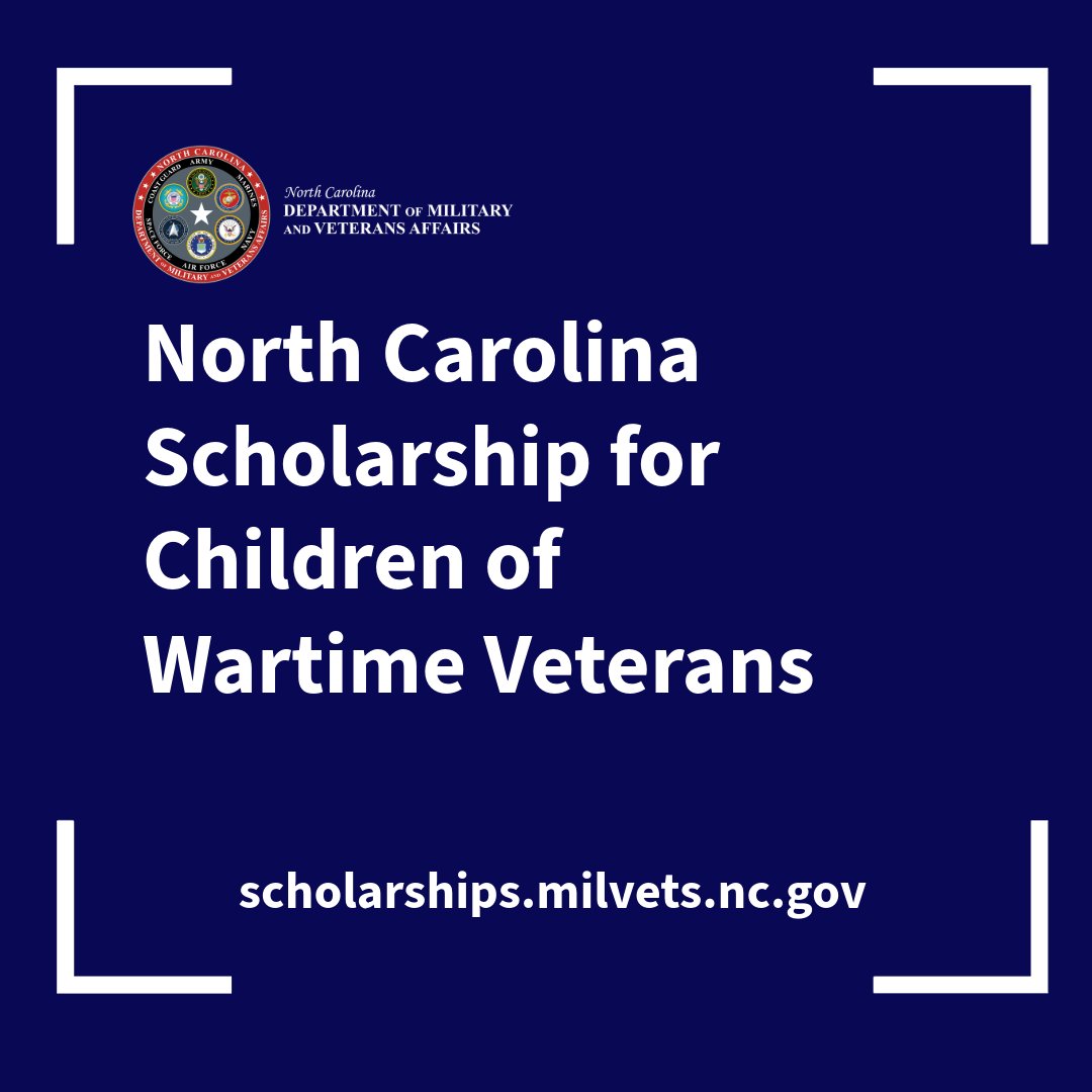 NCDMVA's tweet photo. The Children of Wartime Veterans Scholarship portal is now OPEN for Fall 2026. The portal will remain open through June 8, 2026, so awards can be announced before classes begin in August.  

Apply here: https://t.co/OFTbvnPy75 

Qs: ncdmva.scholarships@milvets.nc.gov https://t.co/hk6yAYGbqg