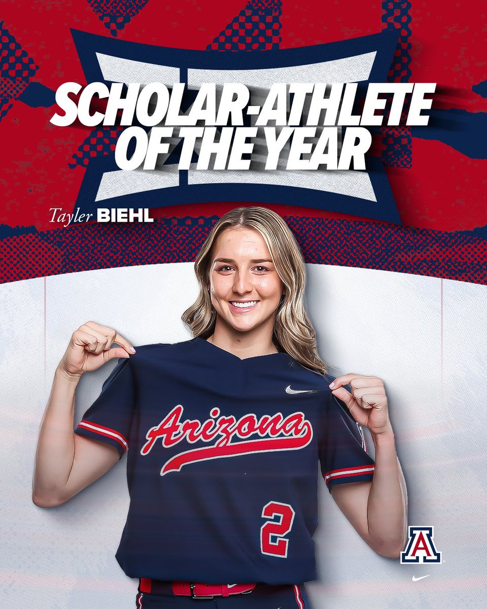 ArizonaSoftball's tweet photo. 𝐀𝐍 𝐄𝐗𝐄𝐌𝐏𝐋𝐀𝐑𝐘 𝐒𝐓𝐔𝐃𝐄𝐍𝐓-𝐀𝐓𝐇𝐋𝐄𝐓𝐄 📚

@Taylerbiehl20 is Arizona’s first ever Big 12 Scholar-Athlete of the Year after maintaining a 4.00 GPA while studying nutrition! https://t.co/3RffQDwHHU