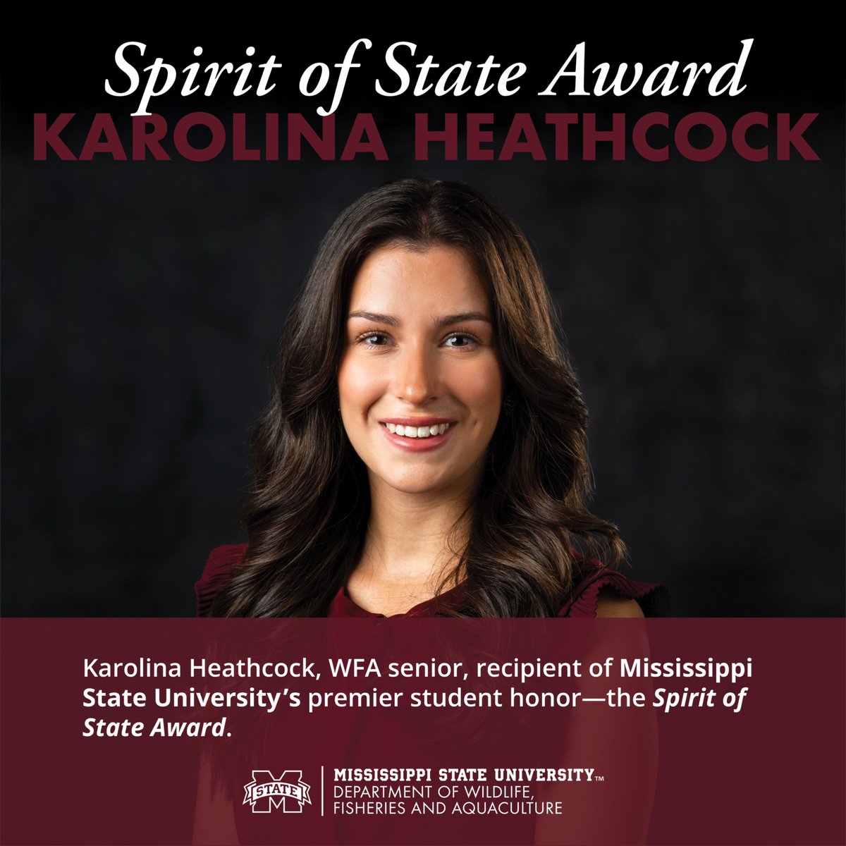MSUWFA's tweet photo. Congrats to @MSUWFA senior Karolina Heathcock on receiving the Spirit of State Award, @msstate's highest student honor! 👏

#MSUWFA #MSState #MSUCFR #StudentSuccess https://t.co/OMplnzY5tQ