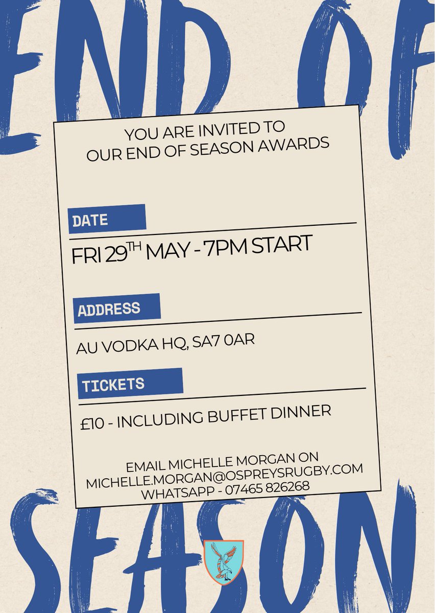 SwanseaRFC's tweet photo. You’re Cordially Invited…

Our end of season awards evening will take place on Friday 29th May, at the golden home of @AuVodka 

Tickets are just £10 - to find out more email michelle.morgan@ospreysrugby.com, contact our office Tuesdays &amp; Thursdays or WhatsApp 🎟️ https://t.co/cA77dFb5N4