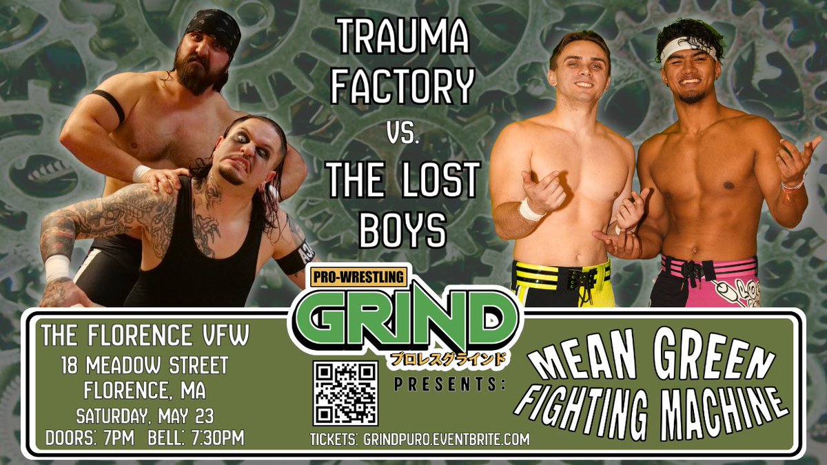 GRINDpuro's tweet photo. The Lost Boys (Ryan Ryzz &amp; Miles Penn) make their GRIND return to take on the heavy metal hoss duo that is Trauma Factory (Rip Byson and Mike Graca)!!!

📍VFW Post 8006
🗓️Saturday, May 23rd

🎟️ https://t.co/JsyuBZgDIO

#GRINDPuro #MeanGreenFightingMachine https://t.co/3VPEODSKOZ