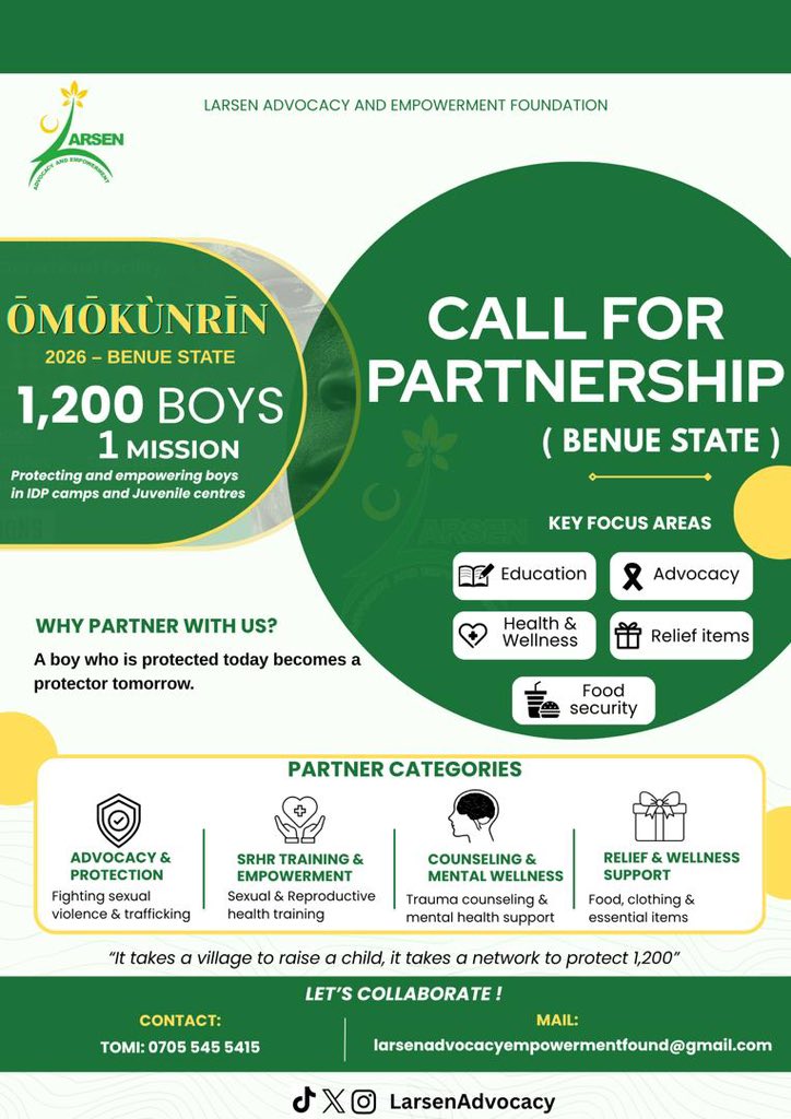 LarsenAdvocacy's tweet photo. OMOKUNRIN — Boy Child Empowerment.
Join us to reach 1,200 boys in Benue State.
Partner with us to protect, support, and shape the future.

#LarsenAdvocacy #PartnershipForImpact #ProtectTheBoyChild https://t.co/imHMx8BLn3