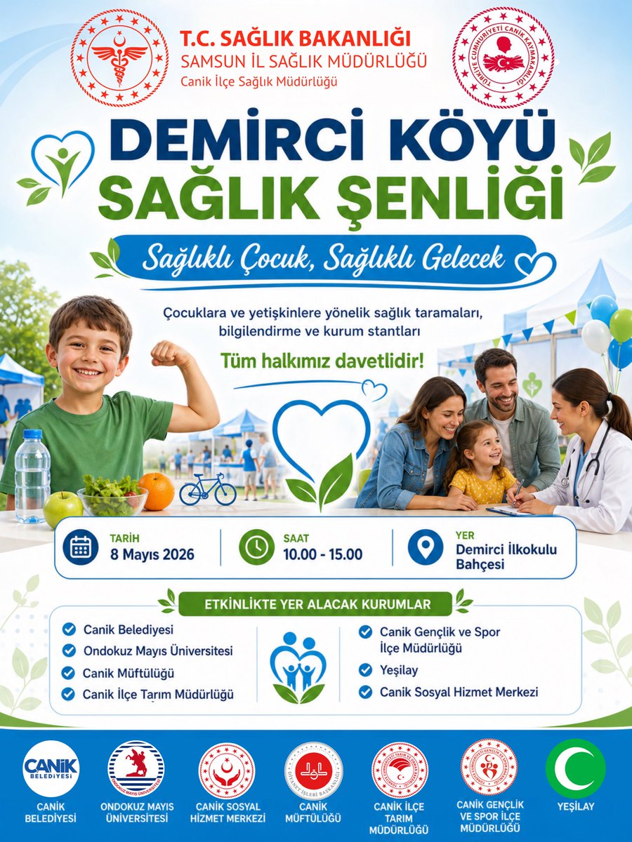 canikism's tweet photo. 📢 Demirci Köyü Sağlık Şenliği’ne Davetlisiniz!

👧👨‍👩‍👧 Çocuklara ve yetişkinlere yönelik sağlık taramaları, bilgilendirme faaliyetleri ve kurum stantlarıyla tüm halkımızı etkinliğimize bekliyoruz.

📅 8 Mayıs 2026
⏰ 10.00 - 15.00
📍 Demirci İlkokulu Bahçesi. https://t.co/AAKUmKO8ZN