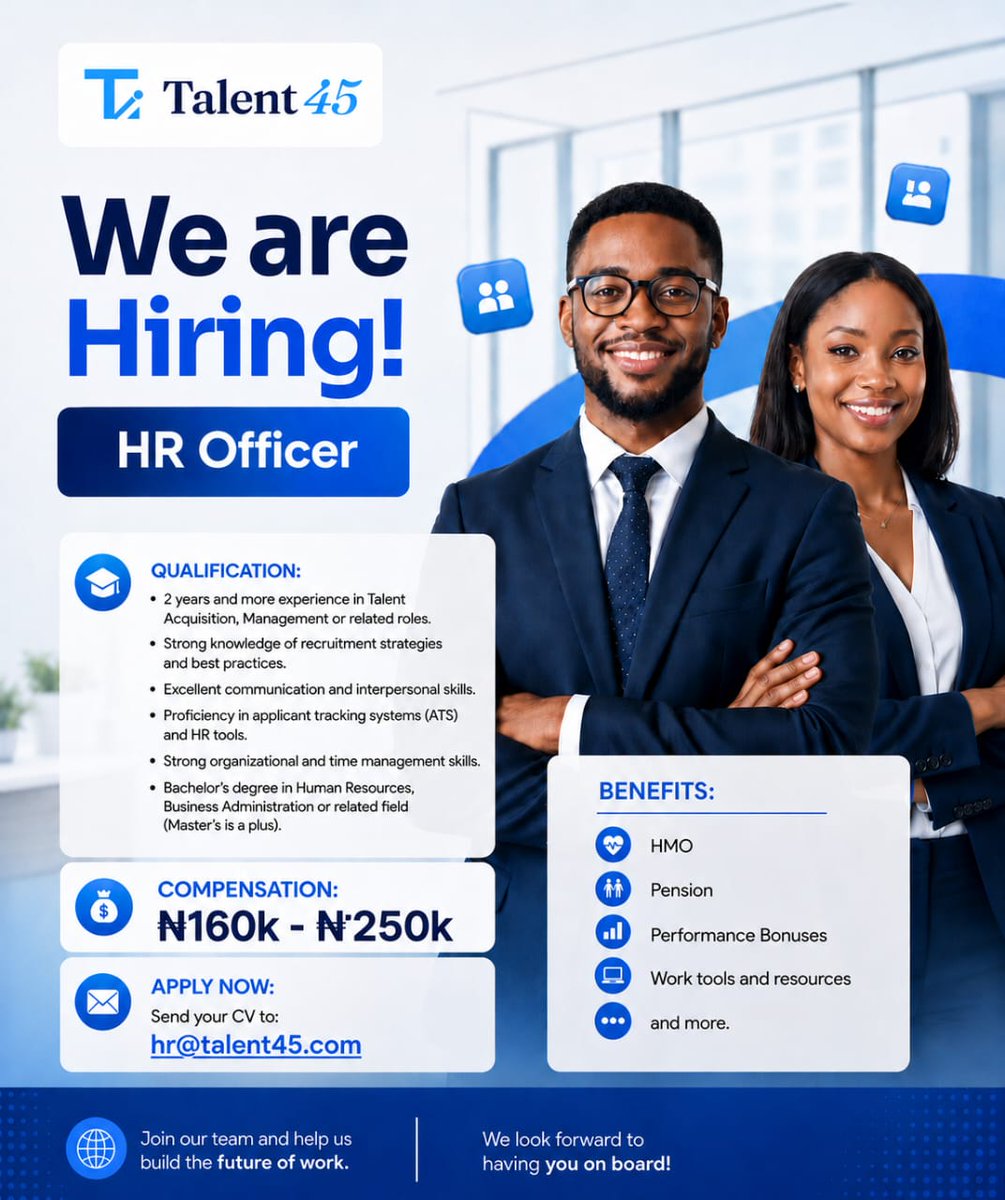 AramideOyekunle's tweet photo. Hiring: HR Officer

Salary: N160,000 - N250,000
Location: Ikeja, Lagos

See Flyer for More Details.
Send Application to hr@tech45.com https://t.co/tjKJ3VoRqF