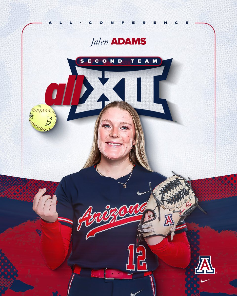 ArizonaSoftball's tweet photo. 𝐀𝐋𝐋-𝐁𝐈𝐆 𝟏𝟐 🏆

@jalenmarieadams was named to the All-Big 12 second team after a 20-win regular season in the circle! https://t.co/Cvwvtk1MOh