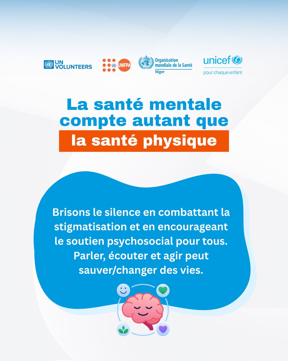 IAbdounasser's tweet photo. 🧠 La santé mentale nous concerne tous.
Parler, écouter, prévenir, soutenir.
Avec @UNICEFNiger @UNFPA_Niger @OMSNiger, faisons de la santé mentale une priorité. https://t.co/o5EzY9qSG2