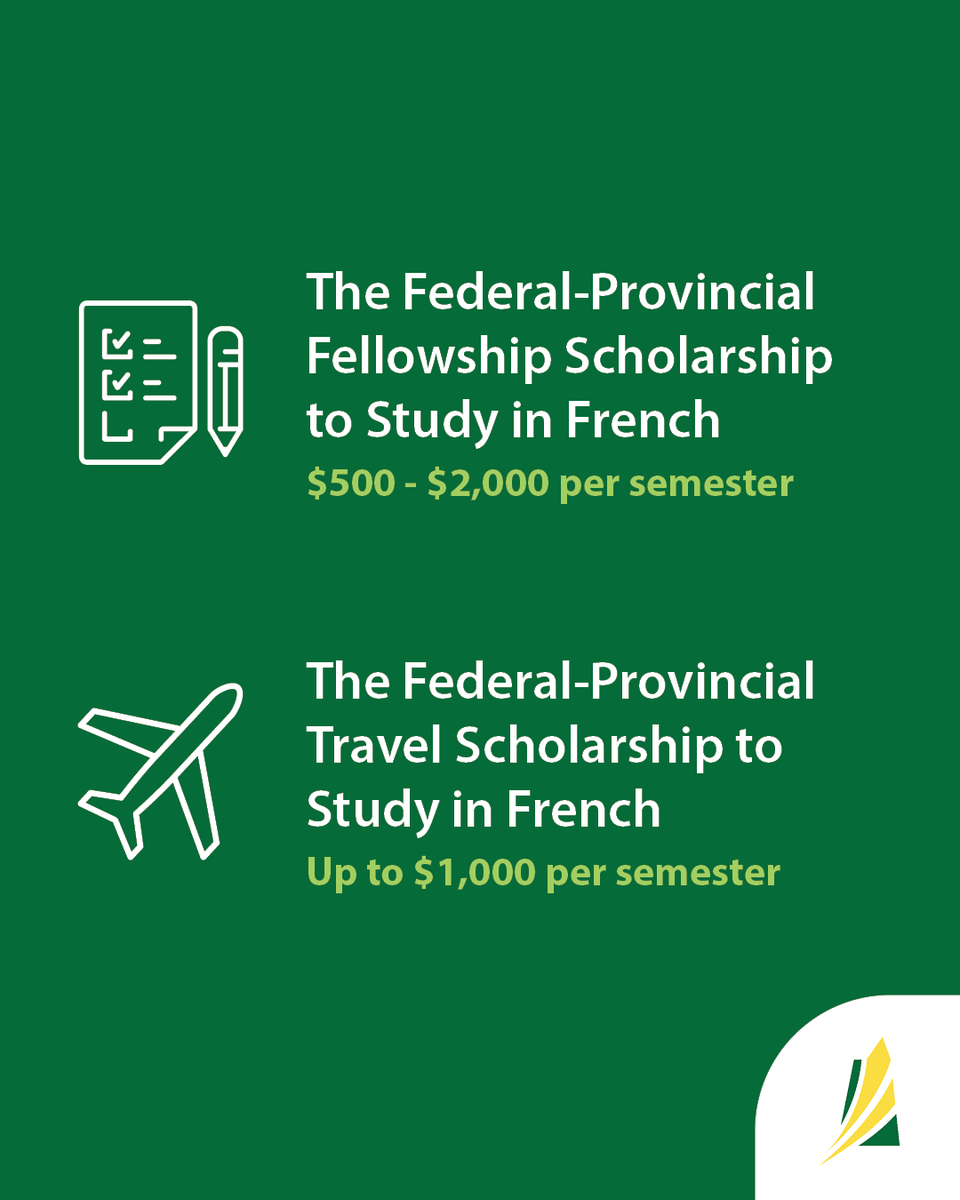 SKStudents's tweet photo. Fellowship and Travel scholarships are available to #skstudents pursuing post-secondary in French!

➡️ The Federal-Provincial Fellowship Scholarship ($500 - $2,000)
➡️ The Federal-Provincial Travel Scholarship (up to $1,000)

Apply by June 30 🔗 https://t.co/k7v8Qo8vJi https://t.co/UXWoRJbm9R