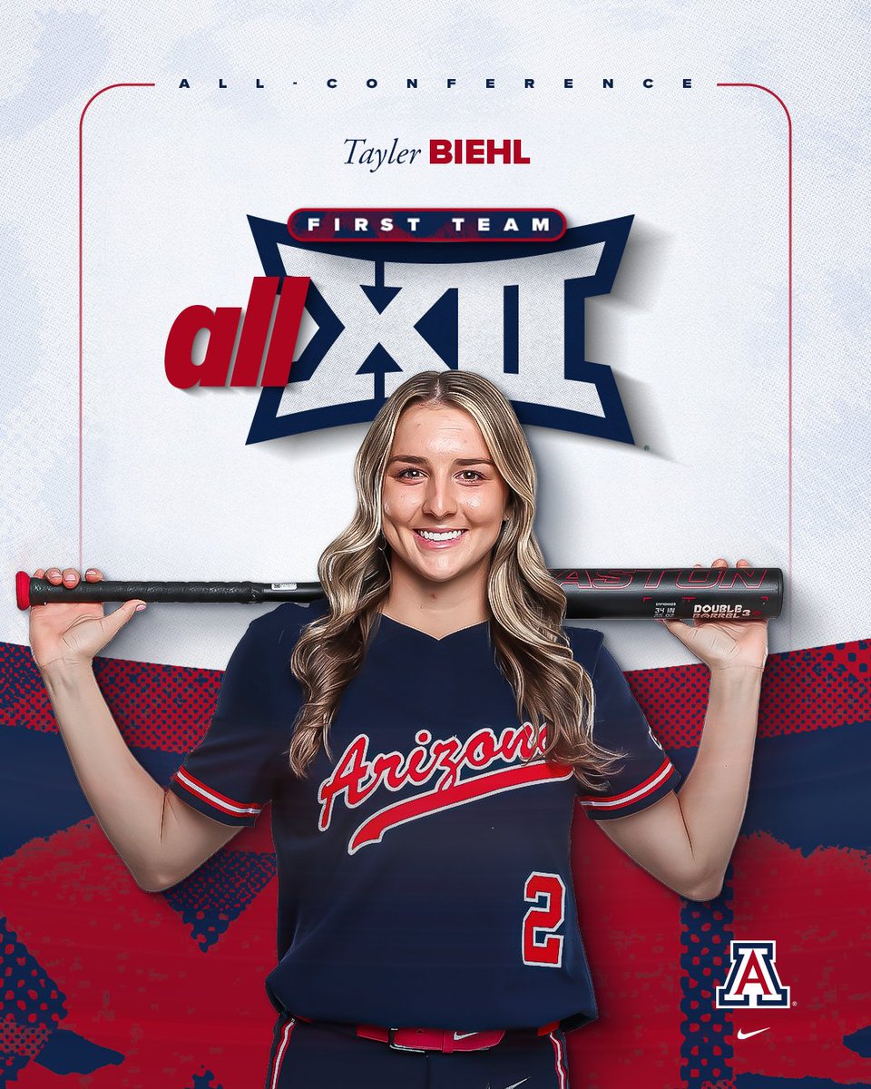 ArizonaSoftball's tweet photo. 𝐀𝐋𝐋-𝐁𝐈𝐆 𝟏𝟐 🏆

@Taylerbiehl20 earns first-team All-Big 12 honors for the first time in her career after batting .364 with 55 hits, 10 doubles, and 44 RBI! https://t.co/ZtNjvRTG1Q