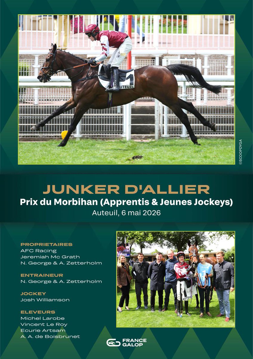 JerrymcGrath's tweet photo. ✈️✈️🇫🇷 Junker D’Allier 🇫🇷✈️✈️

Bolts up by 15L on only his second start in France for @NGAZracing at Auteuil today 

Delighted to be part of the winning parnership with @ReggieP24 &amp; AFC Racing 

Brilliant ride from @JoshWil53502395 🇮🇪 https://t.co/xOzWJ4FwXL