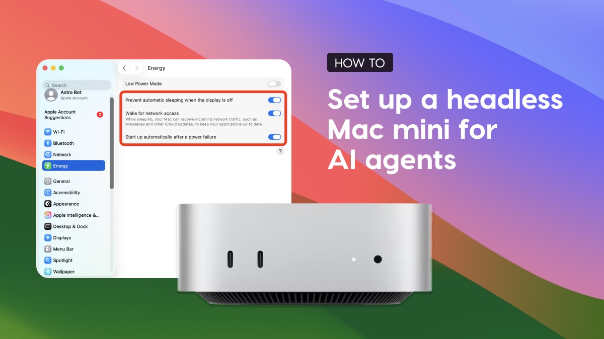 Astropad's tweet photo. Running a Mac mini for AI agents? Our setup guide covers:

System settings for a truly headless setup (FileVault, sleep, auto-login); Quirks to watch out for (spoiler: dummy plugs are mostly a thing of the past); and how to connect over remote desktop apps, SSH, VPNs, and more.