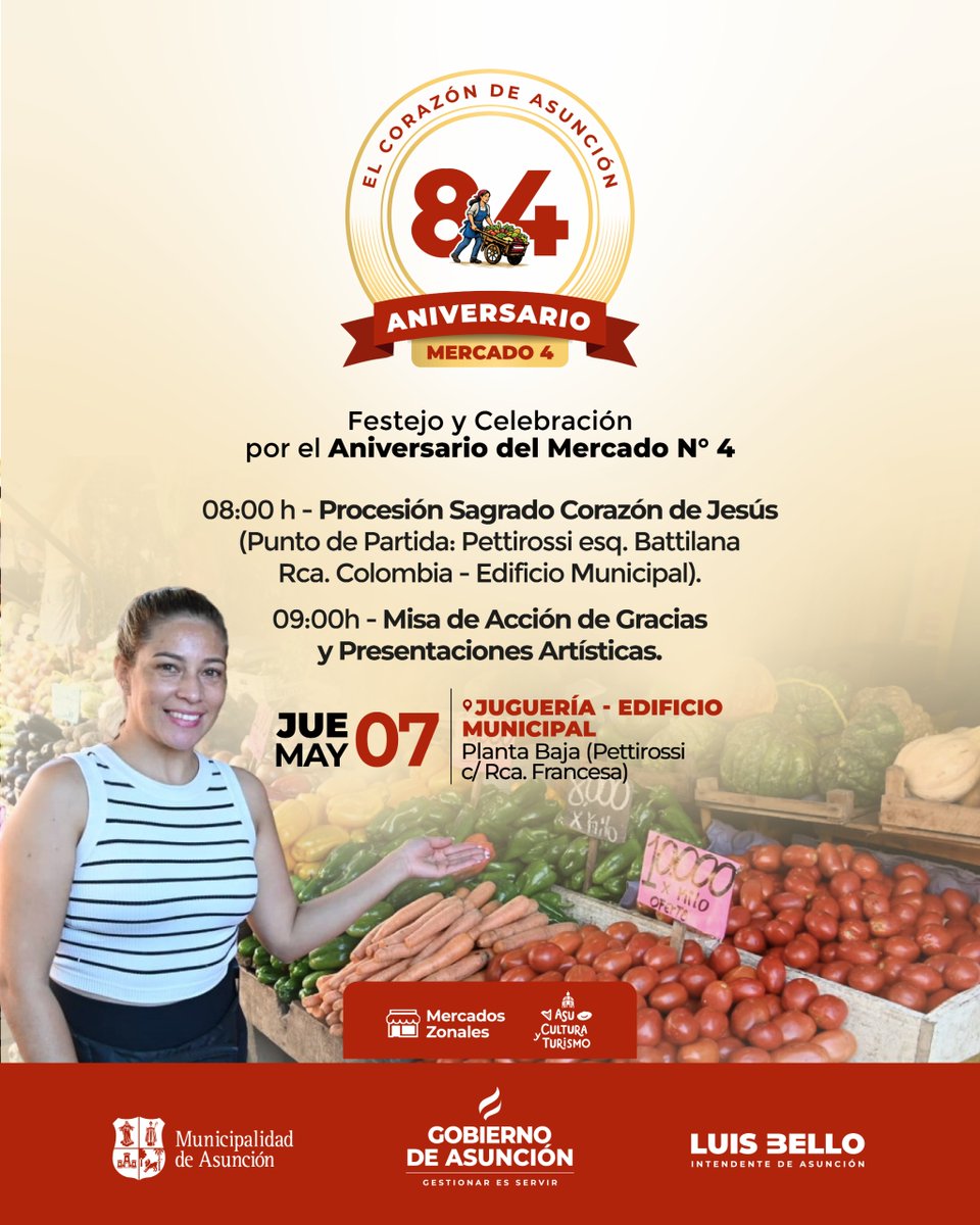 🥳🤩 ¡El mercado más populoso de Asunción estará de fiesta! 🎉
Te invitamos a celebrar el 84º aniversario del Mercado Municipal Nº 4, que se realizará mañana. A continuación, te compartimos las actividades religiosas y artísticas previstas. ¡Será desde las 8 h! 👇🏽