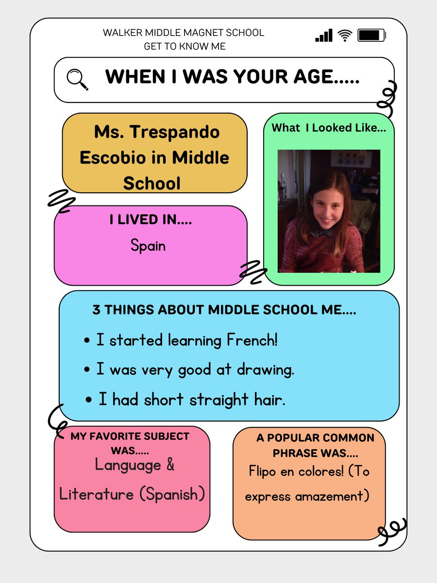 WalkerMiddleIB's tweet photo. Teacher Takeover! When I Was Your Age....Meet Middle School .... Ms. Trespando https://t.co/l9hhuSBMV5
