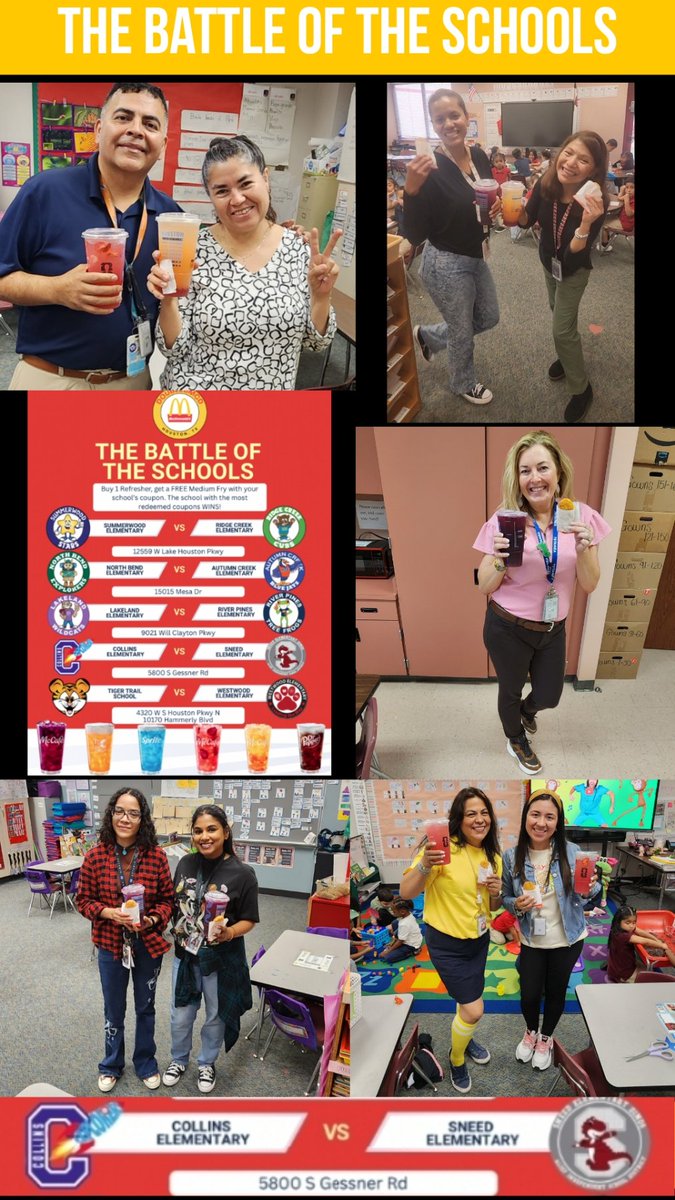 tamtamwise's tweet photo. School spirit + McDonald’s refreshers + the BEST Pre-K team = a fun day at Sneed! 🥤❤️🍟 Staff came together to support our “Battle of the Schools” community partnership and celebrate the spirit that makes Sneed so special. #SneedAdventures @APGarza18 @Aliefsneed @McDonalds https://t.co/18v9f7gKY9