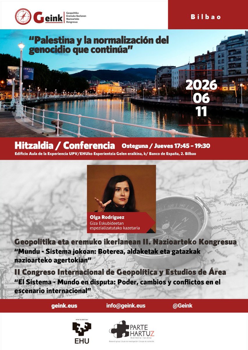Geink_'s tweet photo. 🗣️Hitzaldia/ Conferencia de Olga Rodríguez
"Palestina y la normalización del genocidio que continúa"
📆Jueves 11 de junio, 17:45
📍Aulas de experiencia de la EHU

Inscripciones (Antes del 25 de mayo, tarifa reducida): https://t.co/luiYpUp1VP https://t.co/tCLTI4Dpru