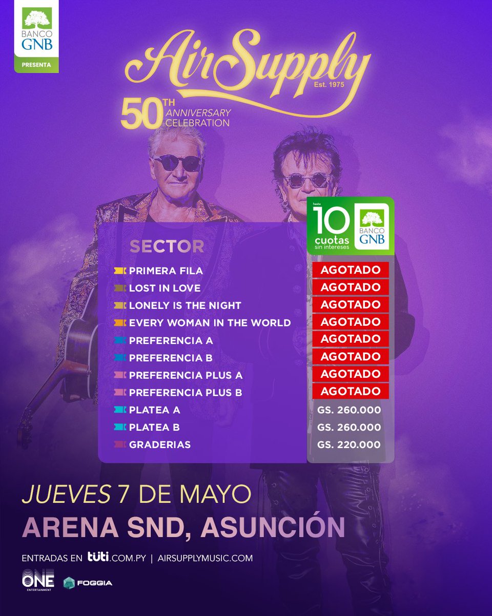 1oneent's tweet photo. Every Woman In The World AGOTADO 🔥

Y la locura por @AirSupplyMusic no para.

Todavía estás a tiempo de asegurar tu lugar.

🎟️ Entradas en @tuti_py 

Produce @1oneent

#SentiOne #ExperienciaOne #UnRegresoEsperado https://t.co/jSiBykUrOk