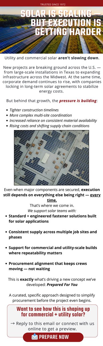CrestFasteners's tweet photo. Solar is scaling...
Get an advantage by being prepared.

https://t.co/X5YWU64aMG

#Solar https://t.co/f2uaE8OW0Y