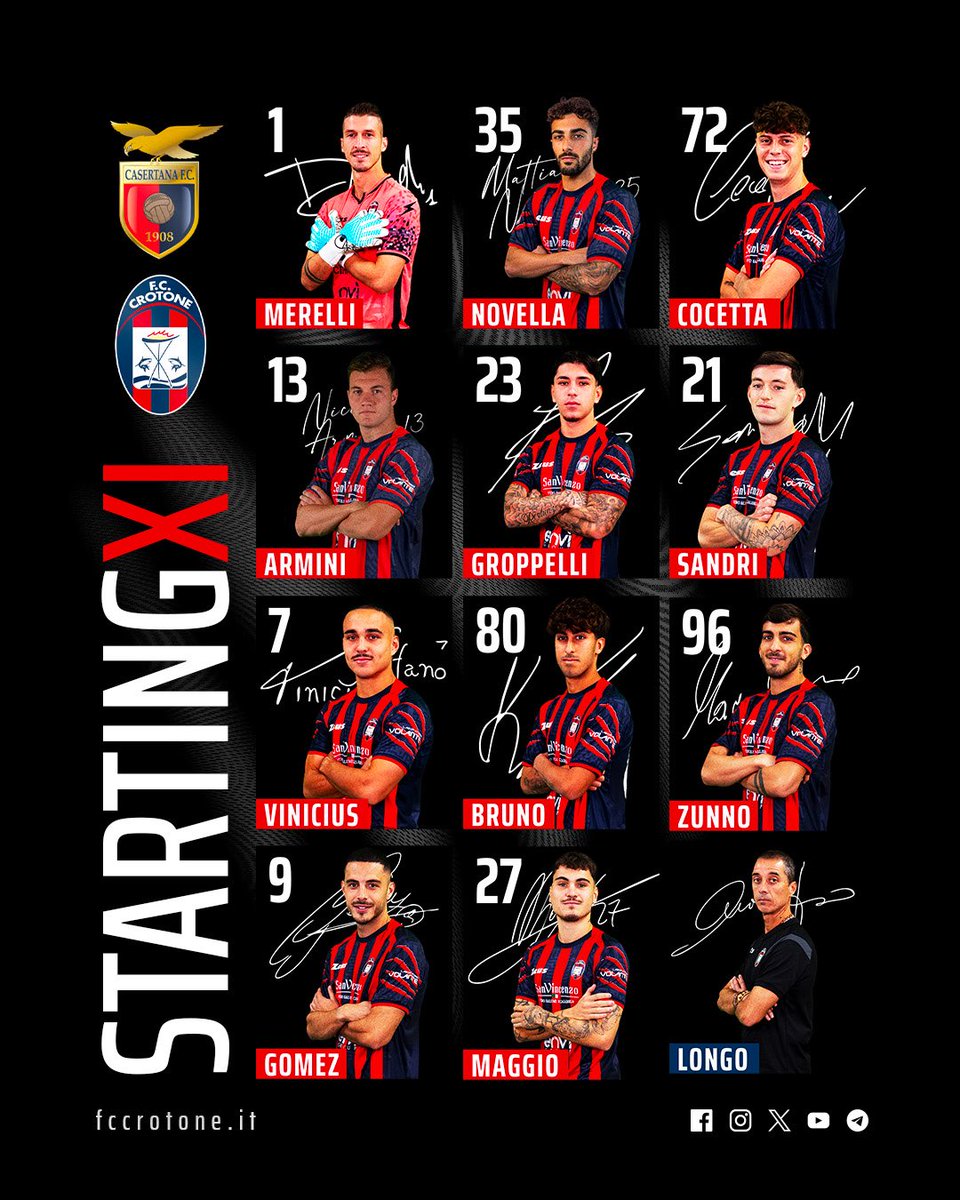FcCrotoneOff's tweet photo. 🏆#PlayOff #SerieC SkyWiFi
⏰ h 20.00
🏟 Stadio Alberto Pinto
⚽️ #CasertanaCrotone
 
#StartingXI #ForzaSquali 💪🔴🔵
🔗 Segui gli aggiornamenti LIVE
https://t.co/JcjbDlTY8g https://t.co/B2fbwQyop4