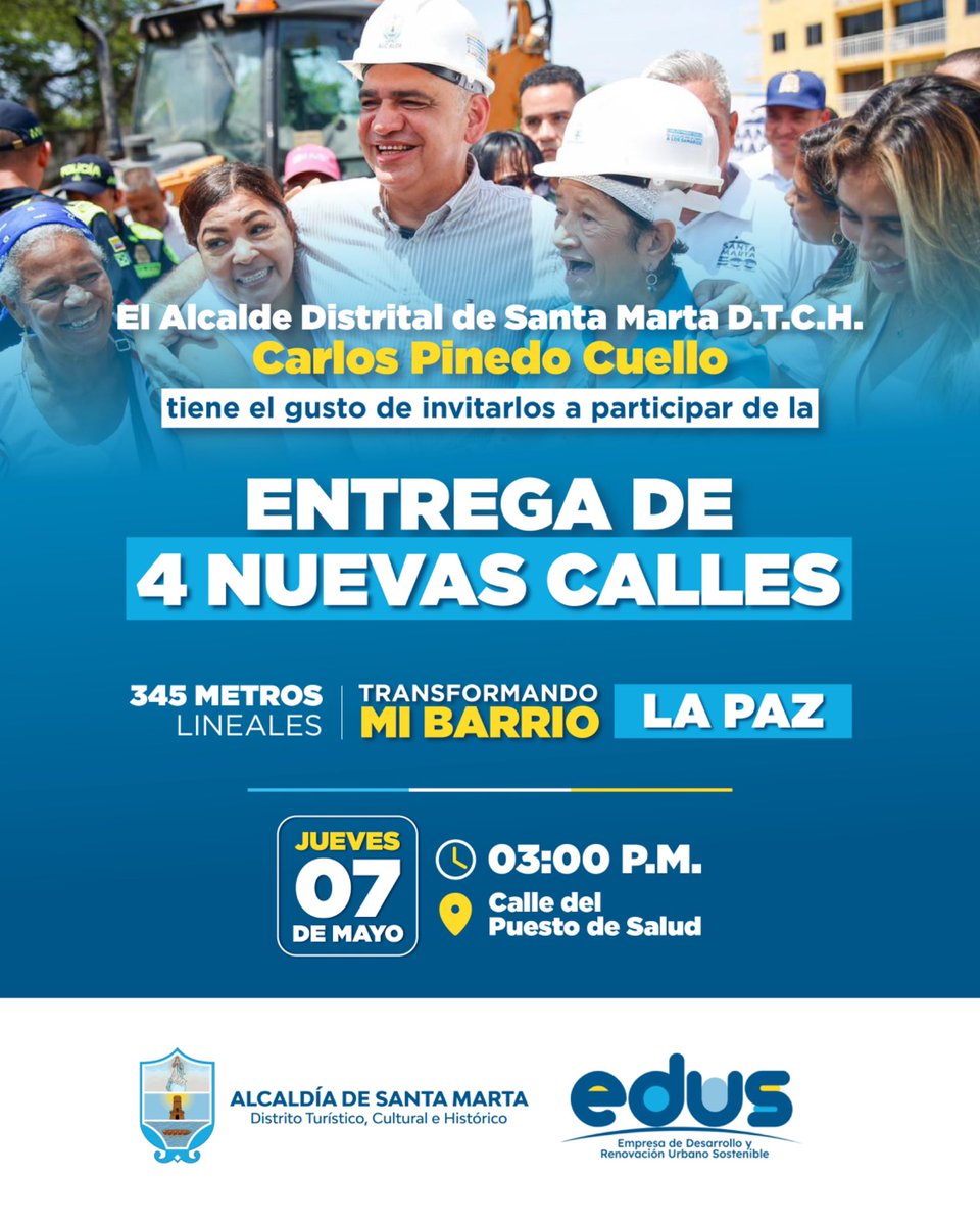 El Alcalde <a href="/CarlosPinedoC/">Carlos Pinedo Cuello</a> tiene el gusto de invitarlos a participar de la entrega de 4 nuevas calles y más de 300 metros lineales de pavimento rígido en el barrio La Paz.

🗓️ Jueves, 07 de mayo
🕒 03:00 p.m.
📍Calle del puesto de salud

¡Los esperamos!