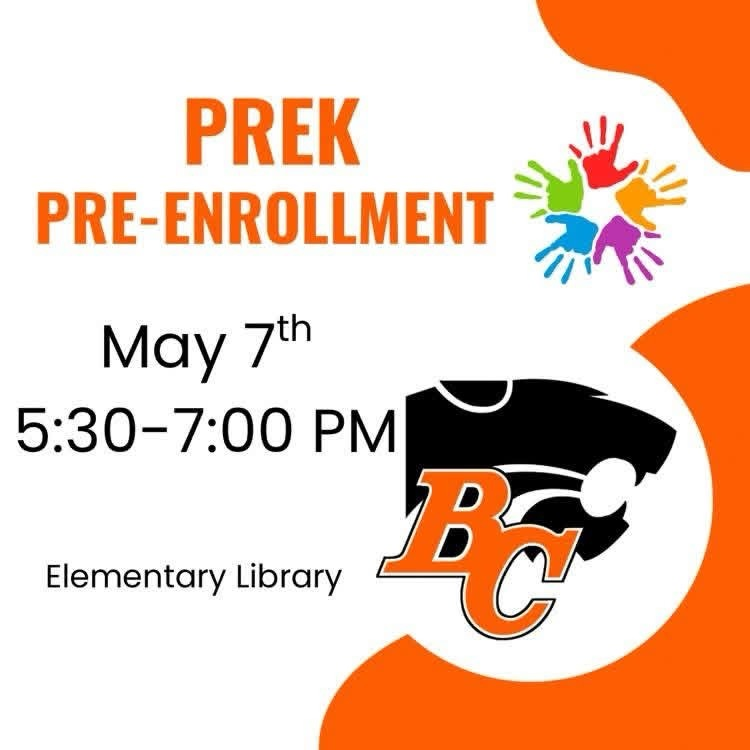 BCPSD_Wildcats's tweet photo. 🐾🐾Tomorrow is the day for PK Pre-Enrollment! 🐾🐾

📣📣Calling all 4 year olds! 📣📣

We are having PK pre-enrollment Thursday May 7 from 5:30-7:00 PM in the library. 

Students must be 4 by September 1 to enroll. 

Contact Miss Cayton or Mrs. Imler for more information. https://t.co/ZE2P3D6GNa