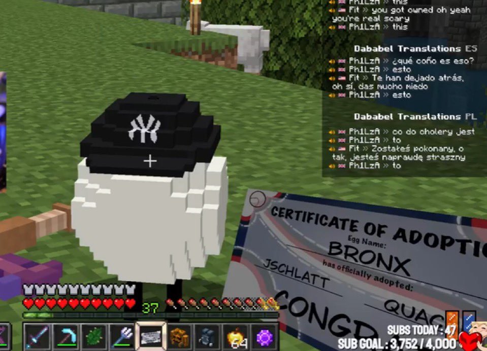 Oh my god apparently Fit can transform into an egg named Bronx and it says on the birth certificate that it is the son of JSchlatt and Quackity 😭