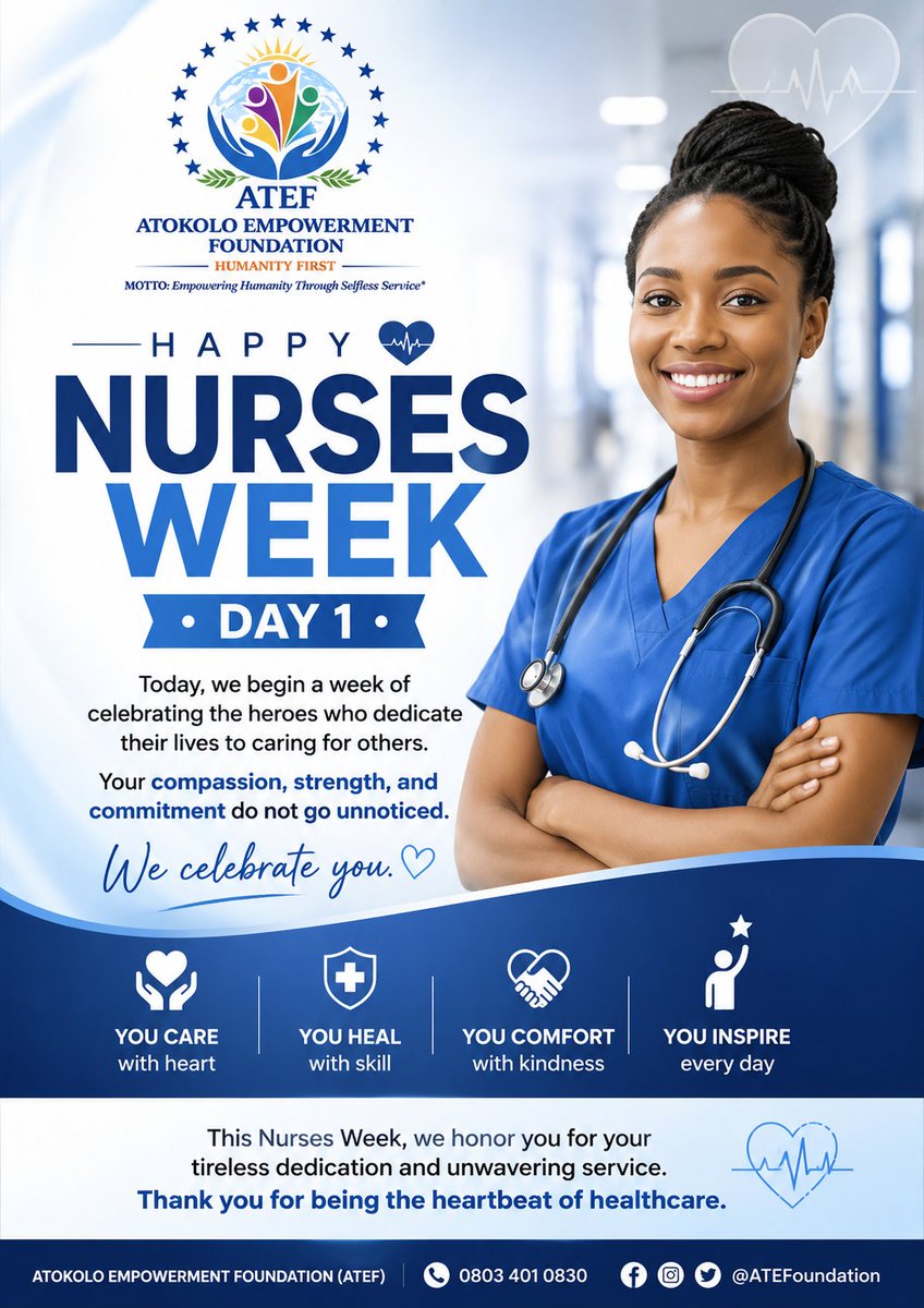 AtokoloF20018's tweet photo. Today marks the beginning of Nurses Week 💙
A time to celebrate the heroes who show up every day with compassion, strength, and dedication.
At ATEF, we honor and appreciate every nurse making a difference in our communities.
We celebrate you.
#NursesWeek #ATEF https://t.co/SxB96aWcxS