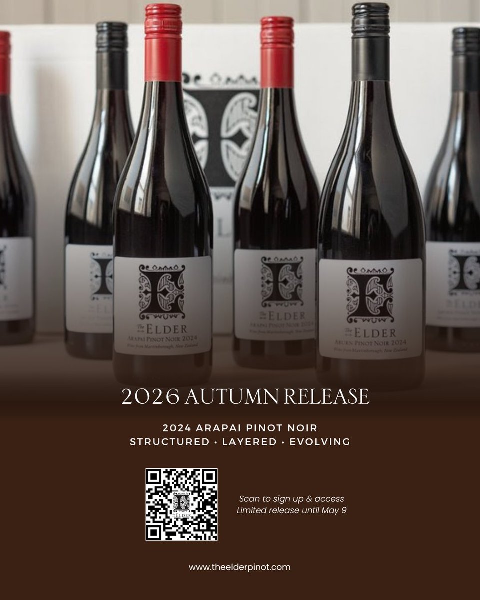 ElderPinot's tweet photo. The 2024 Arapai Pinot Noir builds on last year’s energy with deeper structure and added complexity, showing both precision and evolution in every glass

Available until May 9 only.
Scan the QR or sign up via our website

https://t.co/5FUCSsA7es

#theelderpinot #AutumnRelease2026 https://t.co/z9LJyauiEb