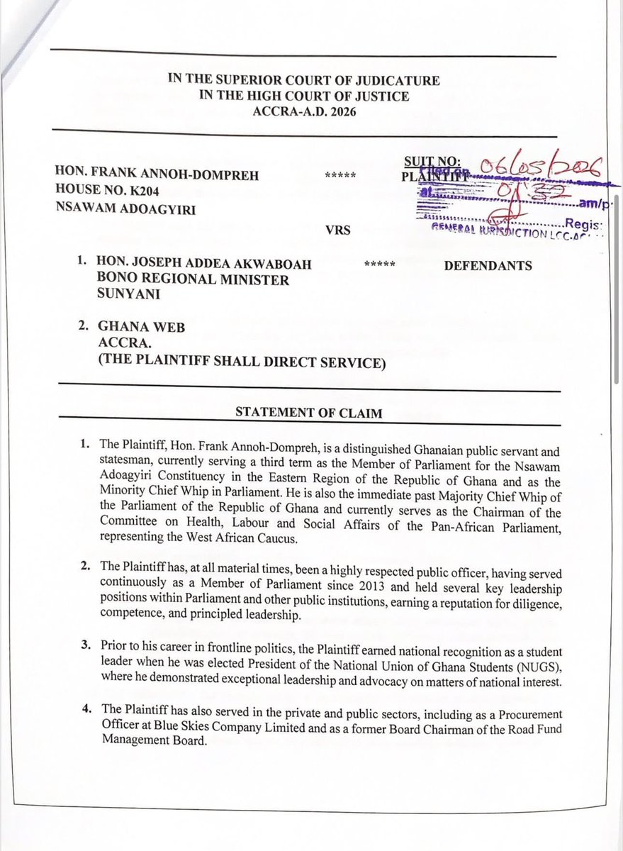 SIKAOFFICIAL1's tweet photo. Minority Chief Whip and Member of Parliament for Nsawam Adoagyiri, Hon. Frank Annoh-Dompreh, has filed a defamation suit against Bono Regional Minister, Hon. Joseph Addae Akwaboa, over allegations that he encouraged cocoa buyers to divert government funds to purchase Ivorian cocoa for resale in Ghana. 

He is seeking GH¢20 million in general damages and GH¢10 million in aggravated and exemplary damages. 

He is also requesting a full retraction, a public apology across all platforms, a perpetual injunction, and legal costs. The regional minister has been given eight days after being served to respond.

[📸: Gyesi Boako]