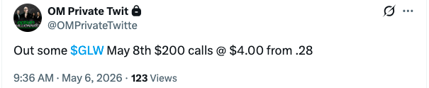 OMillionaires's tweet image. 1,300%+ on some $GLW calls this morning...

$GLW the gift that keeps giving...
