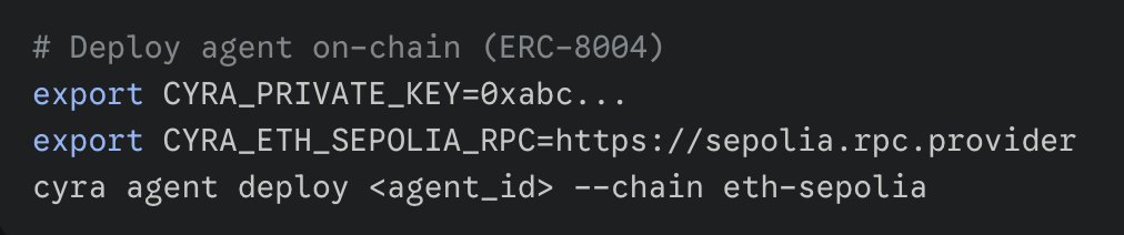 CyraNetwork's tweet photo. AI agents that live on-chain. 

Not just hosted on a server somewhere actually deployed on Ethereum and Base with an on-chain identity.  This is what autonomous really means. https://t.co/J8JbZYNVk0