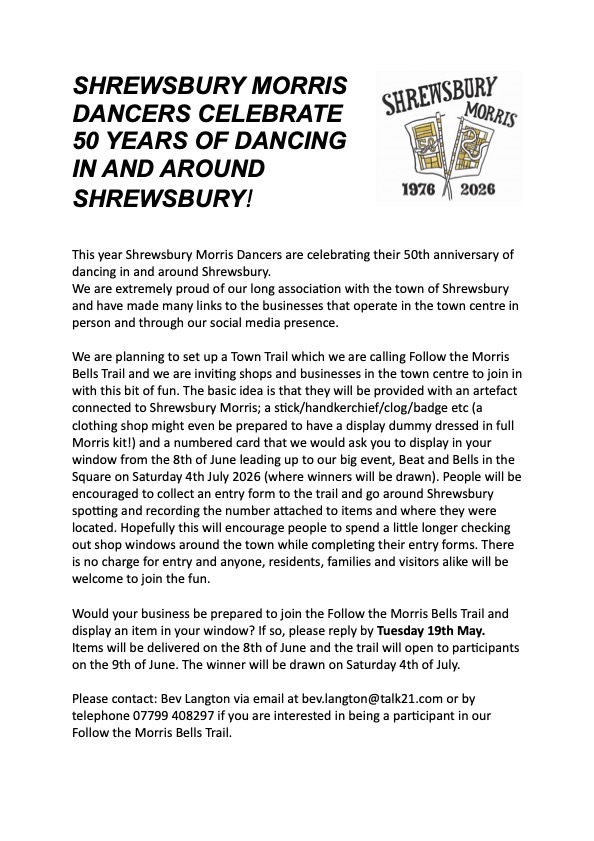 LangtonRay's tweet photo. Delighted that around 20 Shrewsbury Town Centre businesses have already said yes to joining the Follow the Morris Bells Trail. If you'd like to join in  please contact us by Tuesday 19th May.
Bev Langton via email at bev.langton@talk21.com or 07799 408297 https://t.co/UtQihcycH1