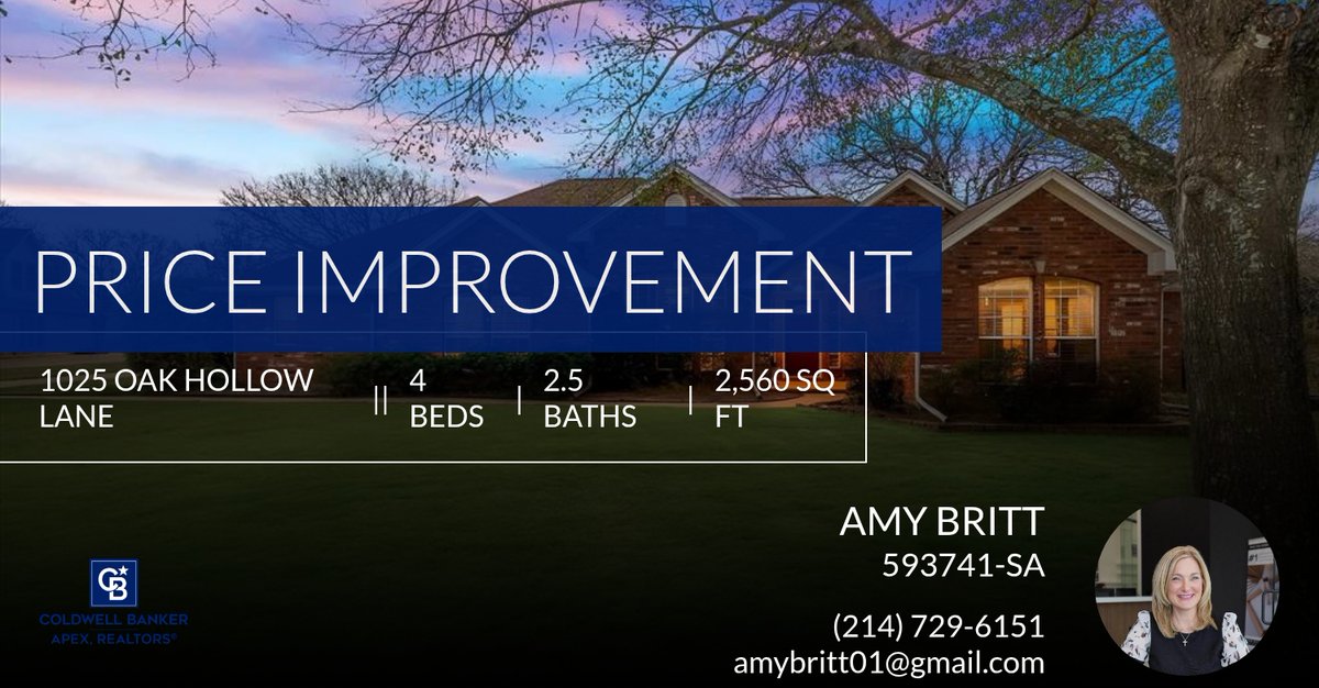 AmyBritt20's tweet photo. 📍 Price Improvement 📍 This recently reduced home at 1025 Oak Hollow Lane in Combine won't last long, so, don't wait to set up a showing! Reach out here or at (214) 729-6151 for more information!

Amy Britt
Coldwell Banker Apex
... https://t.co/686wqGhMAa https://t.co/CvtGBQxSAQ