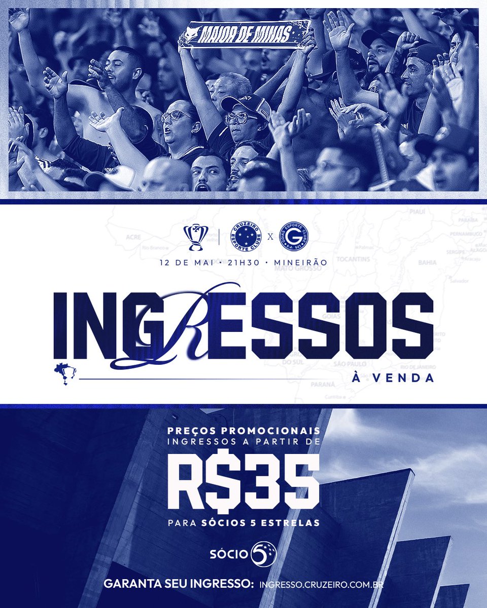 Vendas abertas para o jogo entre Cruzeiro e Goiás, pela Copa do Brasil, no dia 12 de maio, às 21h30, no Mineirão! 🦊

Com preços promocionais em todos os setores, o Cabuloso contará com a Nação Azul mais uma vez! 🏟️

Ingressos a partir de R$ 35!
🎟 ingresso.cruzeiro.com.br

Saiba