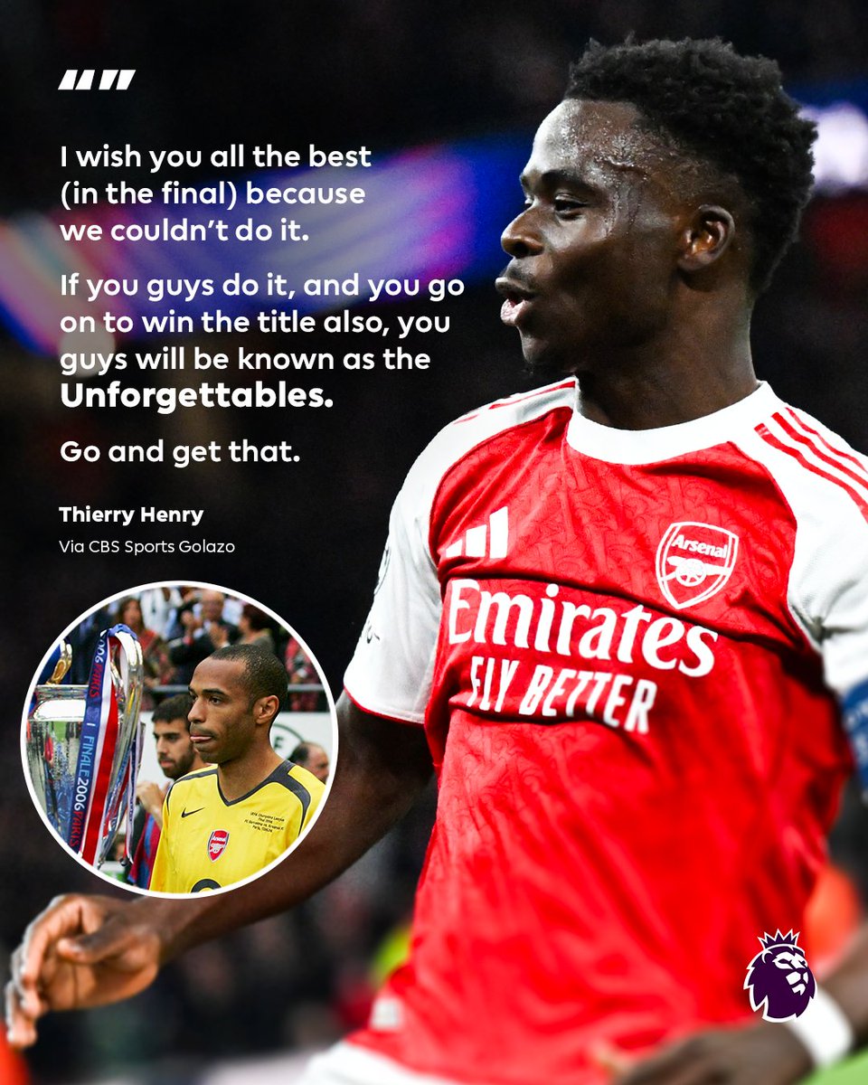 Thierry Henry is right behind Bukayo Saka and his Arsenal teammates 🤝

Henry was part of the last @arsenal team to reach a Champions League final, when they were beaten by Barcelona in 2006.